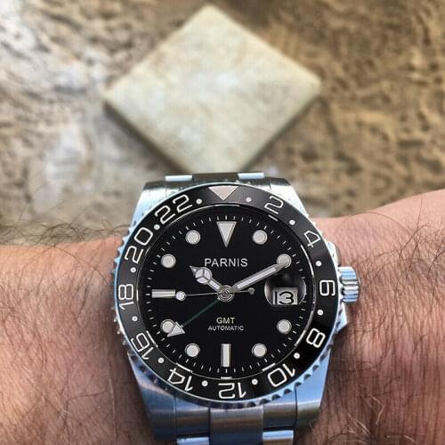 Parnis 40mm black dial GMT Mechanical Watch Sapphire glass automatic mens watch high quality super luminous Relogio Masculino