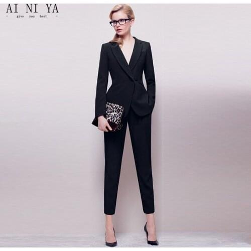 Jacket+Pants Womens Business Suit Black Long Sleeves Female Office Uniform Ladies Formal Trouser 2 Piece Sets Double Breasted