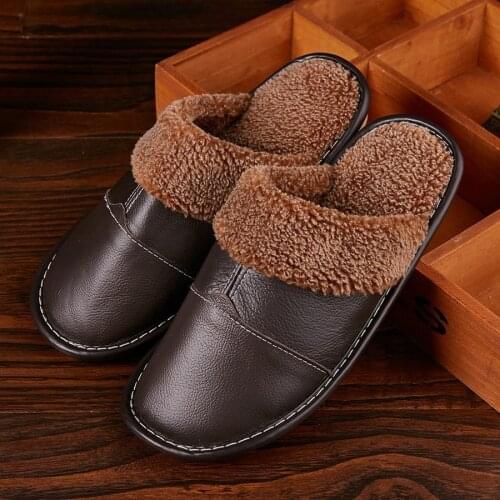 LCIZRONG Men Home Slippers High Quality Genuine Leather Indoor Unisex Couple Shoes Warm Plush Big Size Man Women Flip Flops