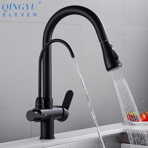 QINGYU ELEVEN Kitchen Filter Faucets Dual Handle 360 Rotation Hot And Cold Water Pull Out Kitchen Sink Mixer Purification Tap