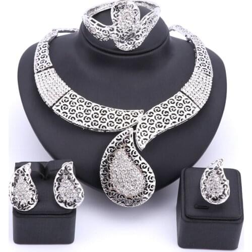 Wedding White Gold Color Necklace Set Fine Jewelry Sets Party Women African Beads Bridal Ring Bangle Earrings Accessories