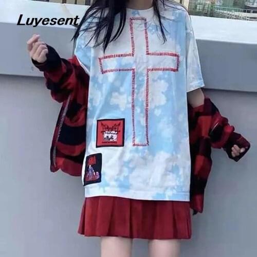 Light Blue Lady Tie Dye Y2k T Shirt Summer Girl O Neck Cross Embroidery Street Harajuku T-shirt Patch Cotton Korean Fashon Cloth