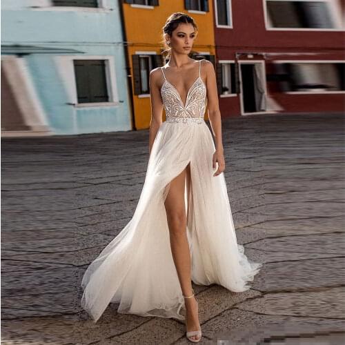 Spaghetti strap Evening Dresses Front/Side Slit Applique Sleeveless Open back Party Dresses A-line Net/Tulle 2021 Eveing Gowns