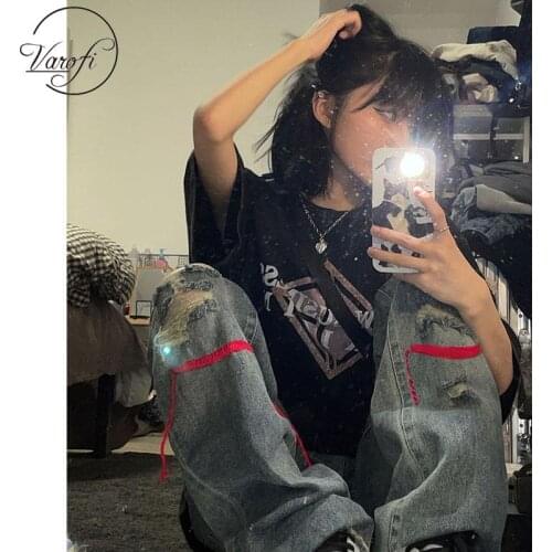 Varofi Ripped jeans ladies high street hiphop high waist straight leg pants ripped jeans for women y2k pants jeans for women