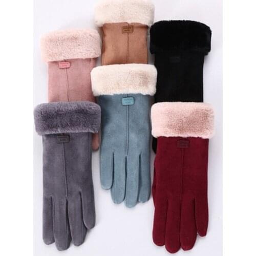 Women Winter Faux Suede Touch Screen Gloves Thermal Warm Plush Lined Cold Weather Windproof Driving Elegant Full Finger Mittens