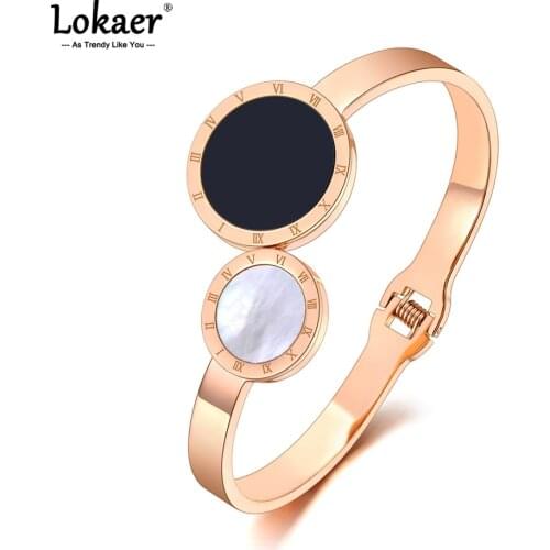 Lokaer Vintage Roman Number CZ Crystal Bangles For Women Stainless Steel White & Black Shell Lover Charm Bracelet Jewelry B21040
