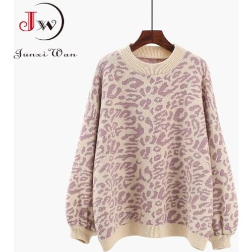 Fashion Leopard Knitted Sweater Women Casual Autumn Winter Pullover Lantern Long Sleeve Loose Ladies Tops