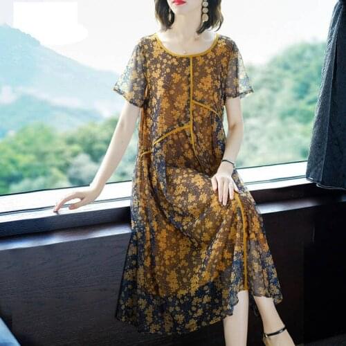 2021 New Summer Womens Printed Floral Imitation Silk Dress Short Sleeve Bohemian Style Beach Fashion Mesh Long Vestidos B137