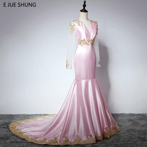E JUE SHUNG Pink Gold Lace Appliques Mermaid Evening Dresses Long 2018 Deep V-neck Long Sleeves Backless Sexy Evening Gowns