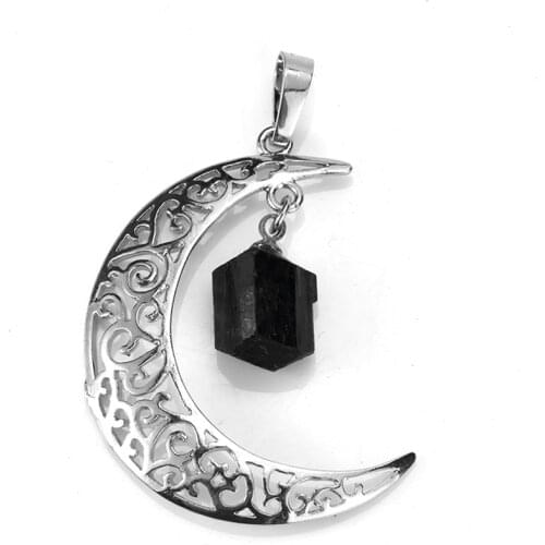 100-Unique 1 Pcs Trendy Silver Plated Crescent Moon With Irregular Shape Black Tourmaline Pendant Fashion Jewelry