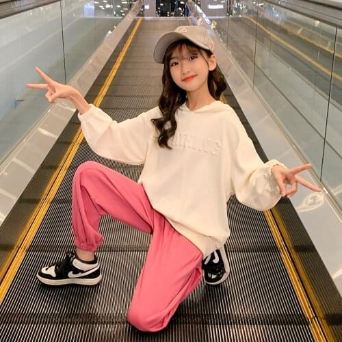 2021 Korean Big Children Hooded Sweater Casual Pants Two-piece Sets Girl Autumn Sports Outfit Three-dimensional Printed Clothes