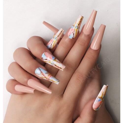 2021 Luxury 24PCS Set Full Cover Acrylic Coffin Long Fake Press On Nails With Designs With Adhesive Tabs Fingernail Pink