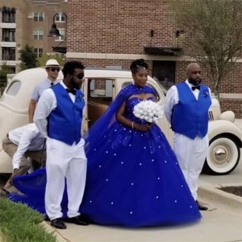 African Women Wedding Dresses Royal Blue Sweetheart A-Line Sweep Train Soft Tulle Lace Pearl Wedding Dresses With Shawl Back
