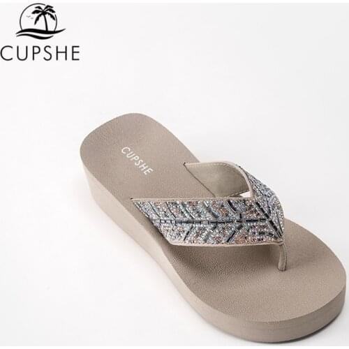 CUPSHE Khaki Rhinestone Wide Straps Sandals For Women 2021 Summer Beach Open Toe Mid Heel Flip Flop Casual Soft Sandals Shoes