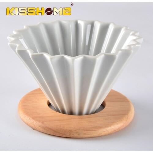 Espresso Coffee Filter and Wooden Tray Flowers Ceramic Coffee Filter Cup Coffee Accessories Funnel Drip Hand Cup Filter