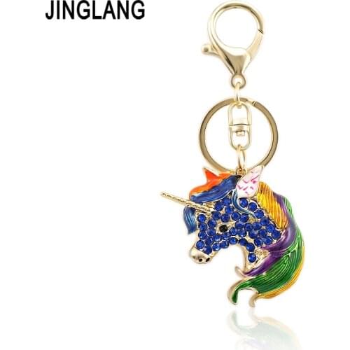 JINGLANG styles Lucky Unicorn Keychain Crystal Keyrings Purse Bag Car Keychains Fashion Jewelry Key Ring Car Souvenirs