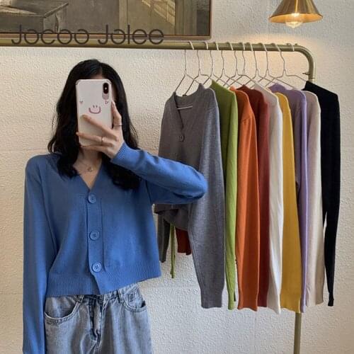 Jocoo Jolee Korean Long Sleeve V Neck Loose Cardigan Elegant Knitted Sweater Coat Harajuku Simple Light Sweater Jackets Outwear