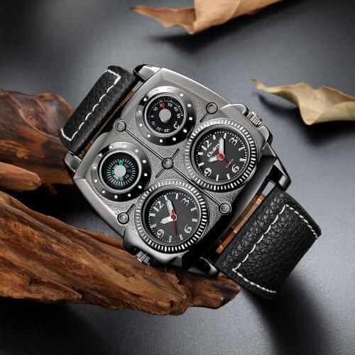 Oulm Dropshipping 1140 Mens Watches Two Time Zone Army Pilot Style Watch Big Size Quartz Clock Male Leather Strap Wristwatch
