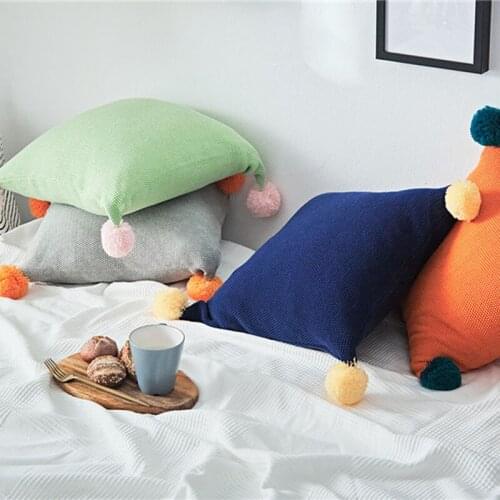 Solid Cushion Cover Grey Blue Orange Green Pillow Case 45x45cm Pompom Ball Knit Soft Sofa Bed Nursery Room Decorative