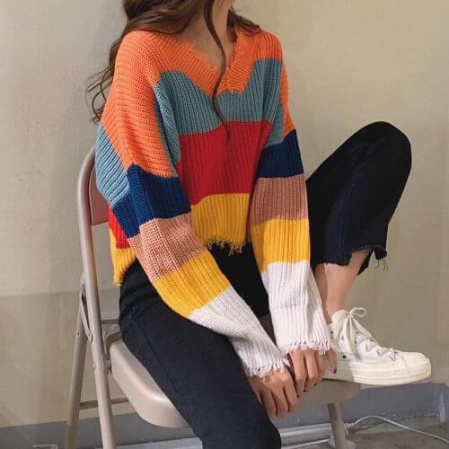 Japanese Kawaii Rainbow Stripe Pullover Women V-Neck Loose Korean Lazy Oaf Sweaters Jumpers Candy Color Winter Top Female