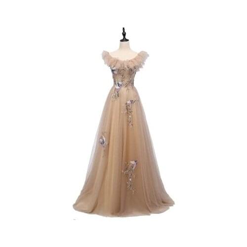 Champagne ruffled collar bird embroidery ball gown drama stage Gown Costume Victoria Marie Antoinette Belle opera