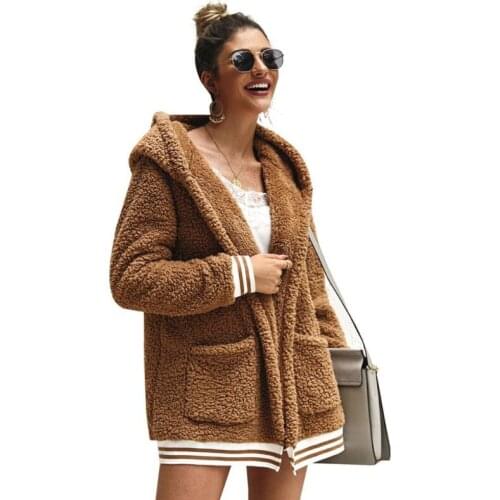 Thick Teddy Coat Womens Autumn Winter Long Sleeve Hooded Zip Faux Fur Coat Top Bandage Side Jacket Fleece chaqueta mujer S-5XL