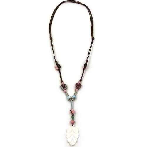 Vintage Ethnic Colorful Ceramic beads shell pendant Necklace Adjustable Knotted Long pendant necklace for Women