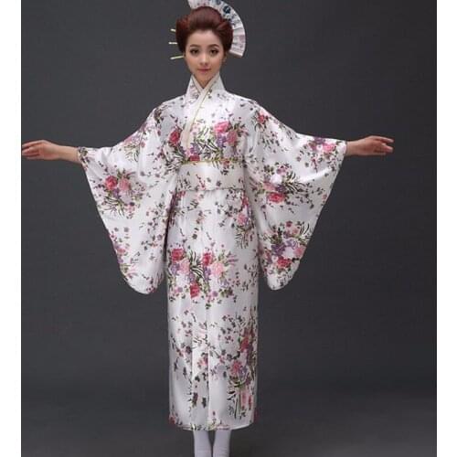 New Arrival Japanese Traditioinal Satin Kimono Classic Yukata with Obi Sexy Vintage Womens Prom Dress Floral One Size