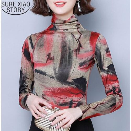 Autumn Fashion Blusas Mujer De Moda 2021 Winter New Long Sleeve Warm Women Blouses Print Turtleneck Pullover Ladies Tops 7700 50
