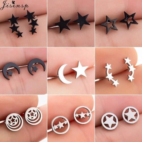 Jisensp New Small Star Earrings 2019 Black Stainless Steel Stud Earrings for Women Everyday Jewelry Cute Moon Earings oorbellen