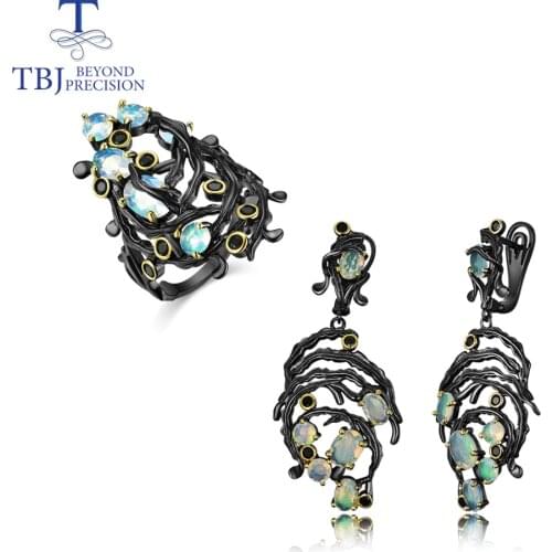 TBJ, Natural gemstone opal Jewelry Set 925 sterling silver ring and earring fine jewelry for women Vintage design new style 2020