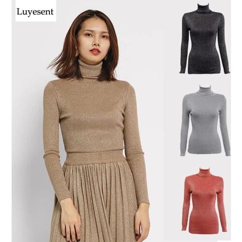 Women lurex turtleneck pullover knit top shiner basic winter bodycon bling big elastic long sleeve lady casual wear femme mujer
