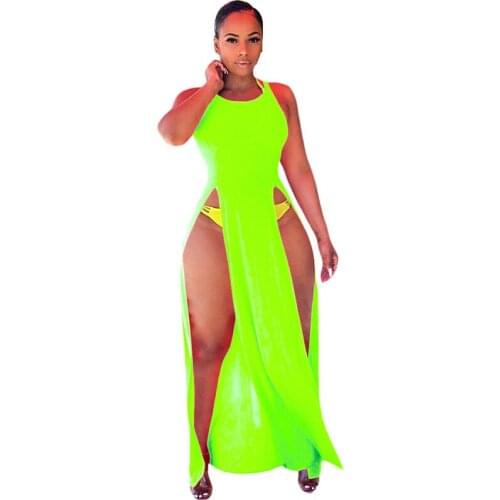 New Neon Green Orange Stretch Tank Summer Maxi Dresses Women O-Neck Sleeveless High Split Holiday Beach Wear Long Dress Sundress