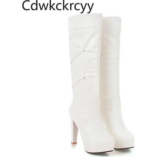 Winter The New fashion Round head Thick heel High tube Martin boots sweet Rhinestone Plus velvet Keep warm High heel Women boots