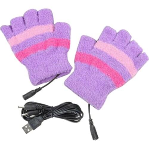 Unisex Winter USB Heated Fingerless Gloves Fuzzy Plush Striped Electric Heating Half Finger Mittens Thermal Hand Warmer