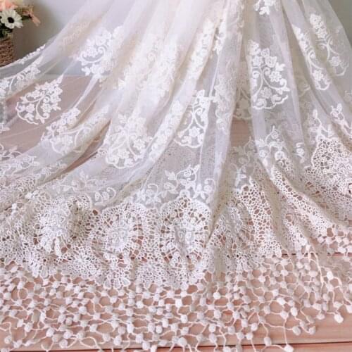 1 Yard Vintage Cotton Mesh Lace Fabric in Off White Embroidery Floral lace for Bohemian bridal gown Fringe Dress Fabric