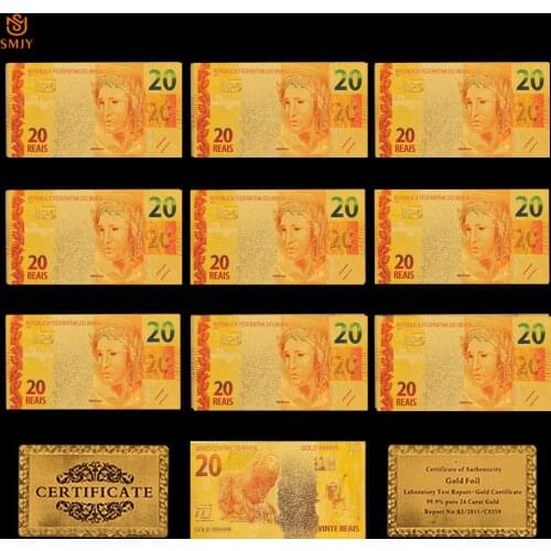 10Pcs Lot Colored Gold Banknotes Brazil $20 Reais Gold Foil Bill Souvenir Currency Paper Money Collection And Gifts