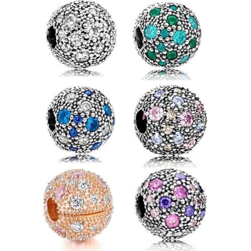 6 Designs Color Stones Cosmic Stars Round Clip Beads Daily Christmas Gift Birthday 100% Real Silver S925 Sterling DIY Charm