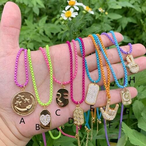 Enamel Rainbow Box Chain CZ Micro Pave Copper Gold Plated Engraving Pendant Bulk Necklace Jewelry/Accessories Wholesale