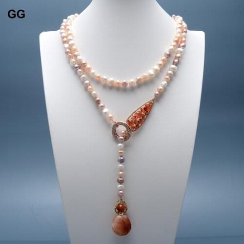GG Jewelry 45'' Multi Color Potato Freshwater Pearl Gold Plated Cat eye Connector Chain Necklace Red Quartz Rutilated Pendant