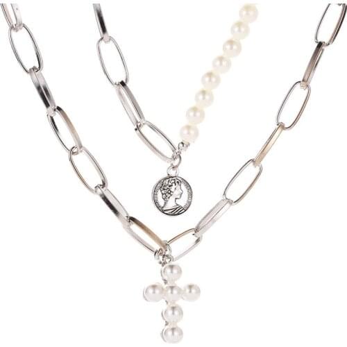 Elegant Pearl Choker Necklace for Women Gold Chunky Link Clip Chain Cross Necklace 2021 Fashion Jewelry Accessories