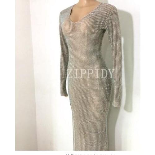 Fashion Shining Full Rhinestone Mesh Womens Evening Sexy Luxurious Prom Birthday Celebrate Outfit Wedding Singer Dresses
