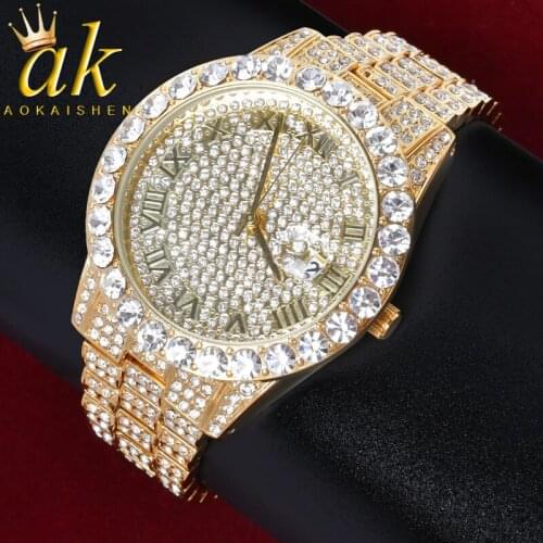 Watch Gold Color Quartz Clock Luxury Big Rhinestone Business Waterproof Wrist Watches Hip Hop Jewelry