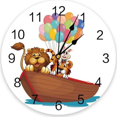 Cartoon Animal Ship Balloon Lion Tiger Rabbit Wall Clock Modern Design Hanging Watch for Home Decoration Living Room Wall Art