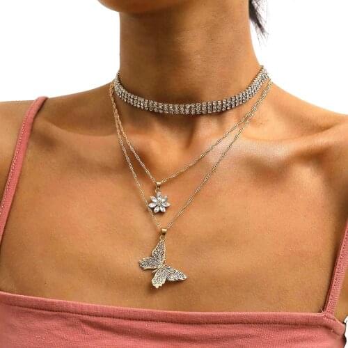 2020 New Women Multilayer Rhinestone Flower Butterly Pendant Choker Necklace Charming Night Party Jewelry Decor Accessory Gift