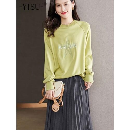 YISU 2021 New Women Loose Sweater Autumn O-Neck Tops Solid color Letters Female Knitted pullover Long sleeve Women clothing