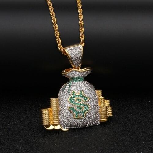 Hip Hop Money Bag Punk Necklace Pendant With Rope Chain Bling Cubic Zircon Cool Mens Rock Biker Jewelry Gift