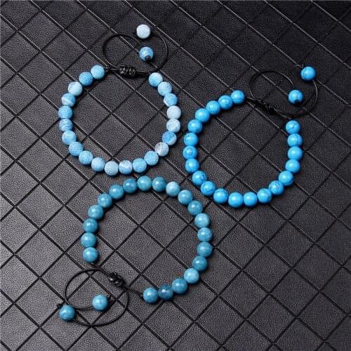 Natural Stone Blue Beads Braided Bracelet Turquoises Aquamarines Stone male female Adjustable Rope length Woven Bracelet Jewelry