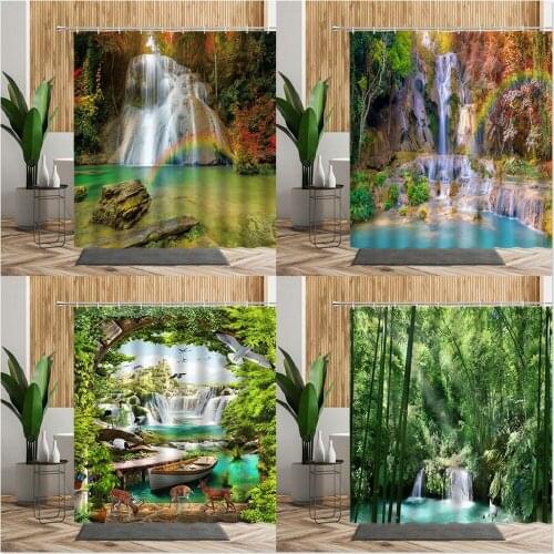 Rainbow Waterfall Scenery Shower Curtain Forest Stone Bath Screen Living Room Wall Fabric With Hook Bathroom Curtains Home Decor