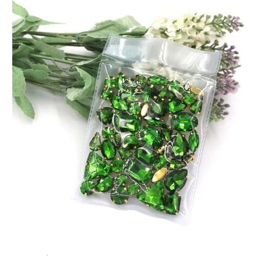 Garment Decorations Grass Green Mix Shape Glass Rhinestones Sewing Crsytal With Gold Claw for Jewelry/clothing accessories
